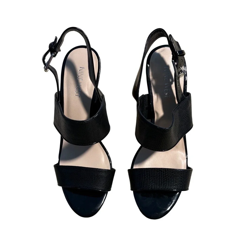 Nine West Lucini Black Snakeskin Patent Cork Wedge Sandals Womens 8.5 M